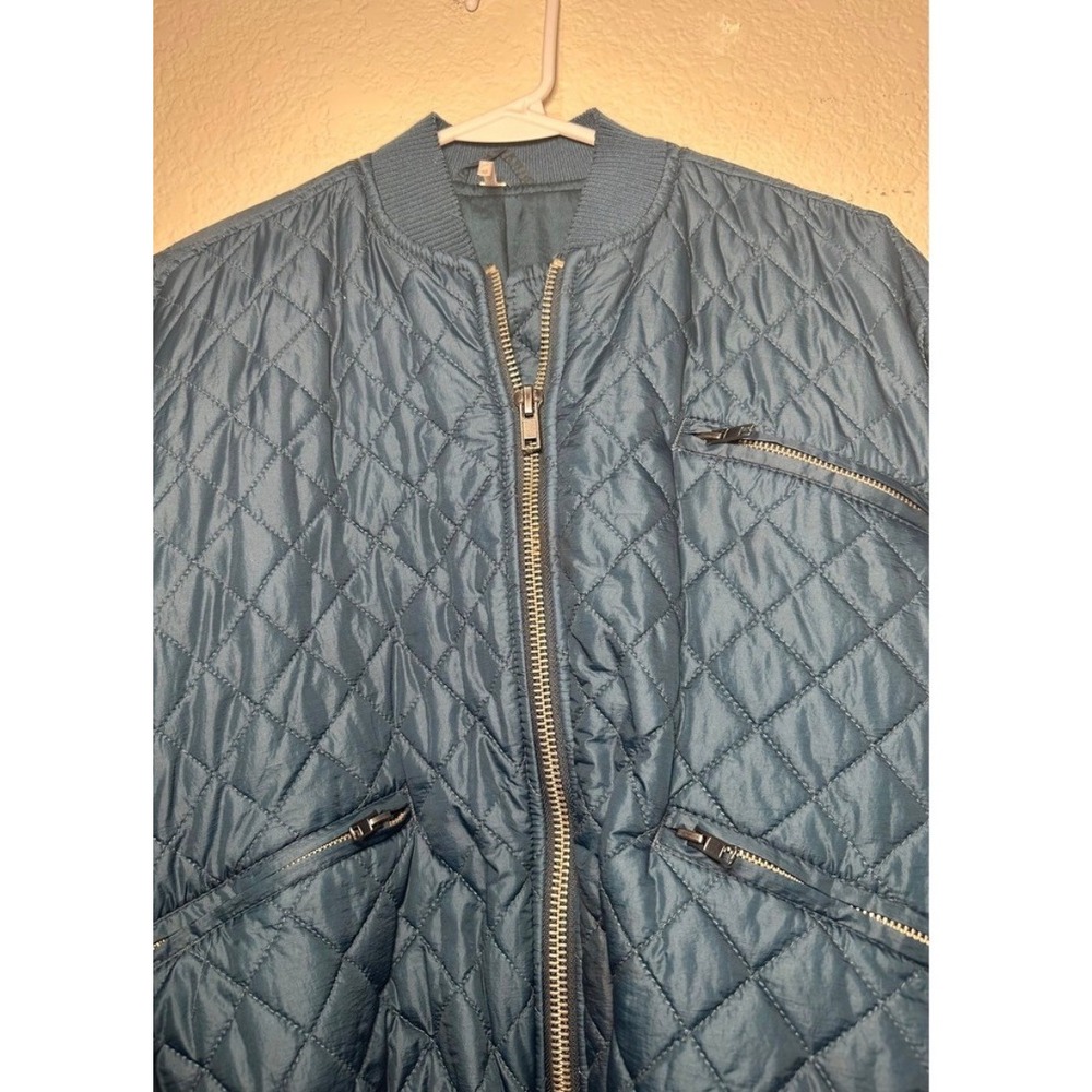 Free People Quilted Bomber Jacket Teal Blue Zip Up Cropped Drawstring XS - Picture 7 of 9